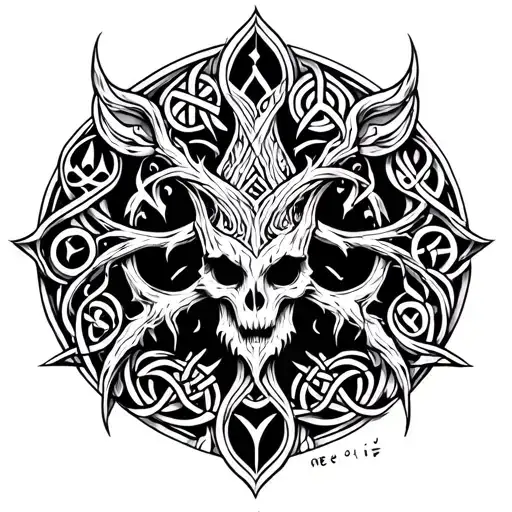 Yggdrasil tattoo with Viking, Celtic, Slavic, Gothic, Moorish, Polish, Germanic, and Spanish symbols, bold blackwork tattoo design idea