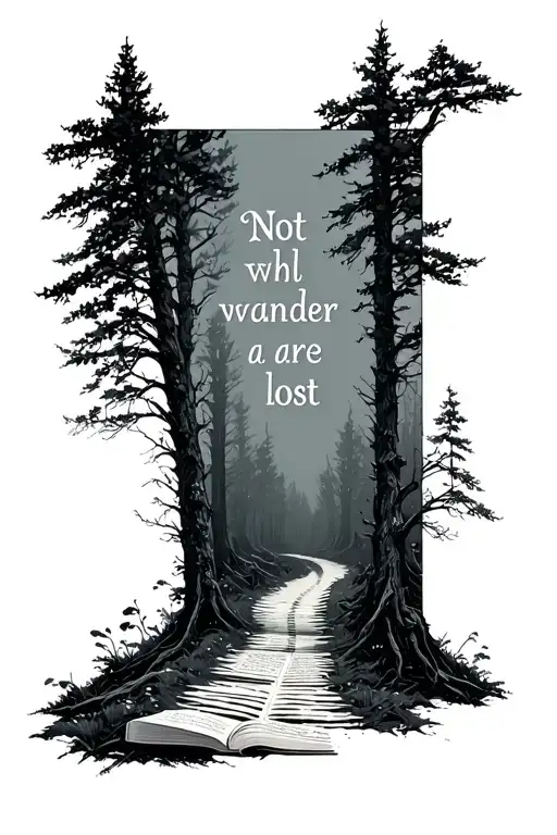 "Not all who wander are lost" open book to a path leading through a forest dark romance tattoo design idea