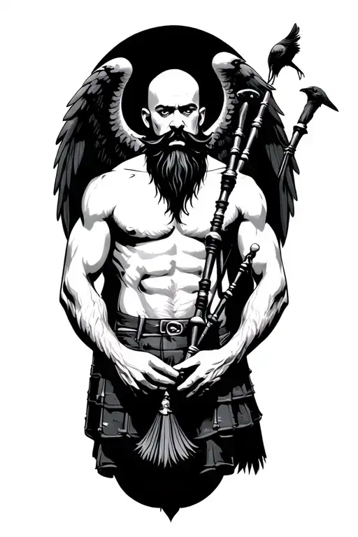  bald black beard shirtless large bagpipes black wings on back crows dark brown tattoo design idea