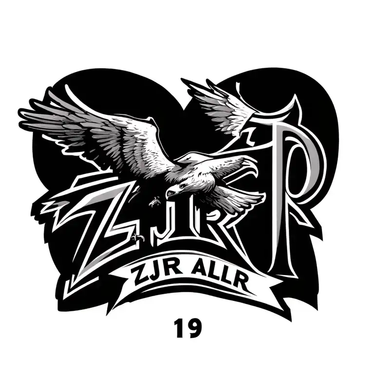 "ZJR     ALR" The number 19 with ZJR and ALR incorporated with a cross and an eagle flying  tattoo design idea