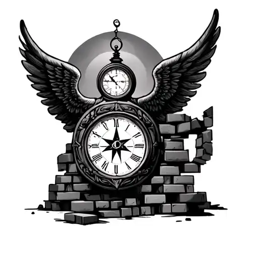 wings, clock, compass, bricks tattoo design idea