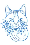 outline of blue Russian cat with flowers tattoo design idea