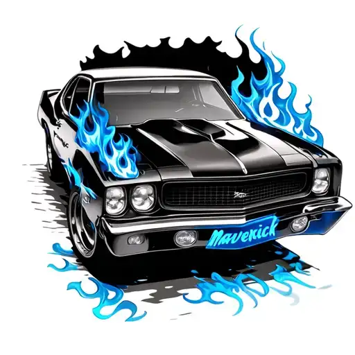 car with blue flames with maverick written on the side  tattoo design idea