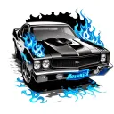 car with blue flames with maverick written on the side  tattoo design idea
