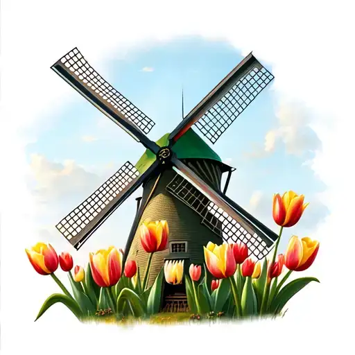 dutch windmill with tulips    tattoo design idea