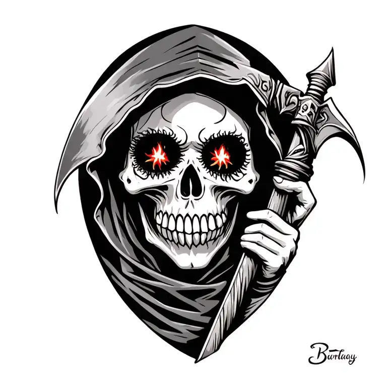 hooded reaper holding scythewith sugar skull face, detailed, scary, realistic, fire eyes tattoo design idea