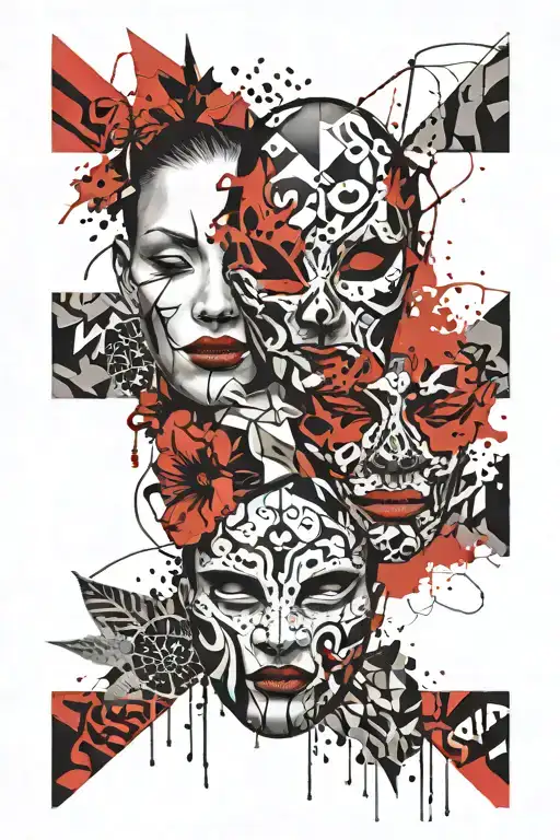 mask split happy sad travel tattoo design idea