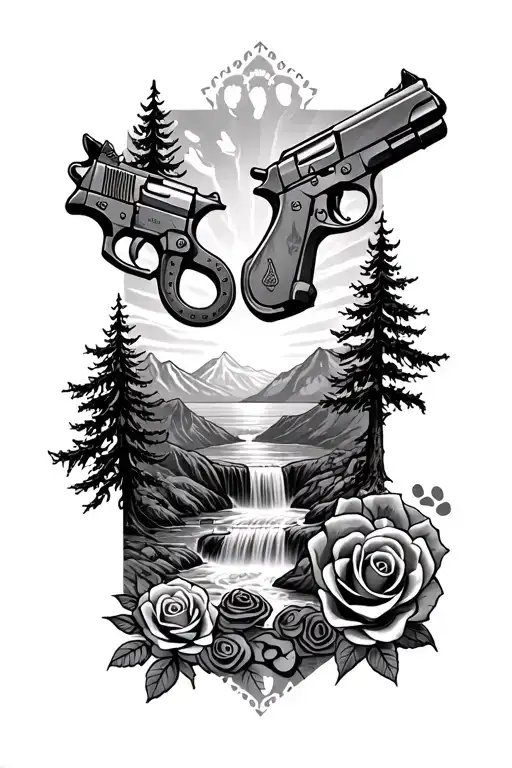 Pistols, Mountains, Horse shoes, roses, tent, waterfall, sunset, paws, baby footprints, fire, trees tattoo design idea