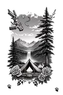Pistols, Mountains, Horse shoes, roses, tent, waterfall, sunset, paws, baby footprints, fire, trees tattoo design idea