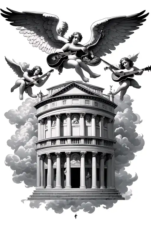 small angels playing instruments in clouds  with a roman architecure building that looks brand new  tattoo design idea