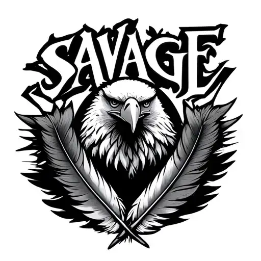 word SAVAGE with two single eagle feathers hanging tattoo design idea