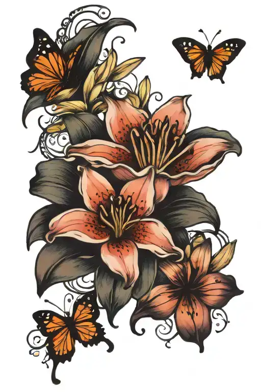 lilies and butterflies surrounding tattoo design idea