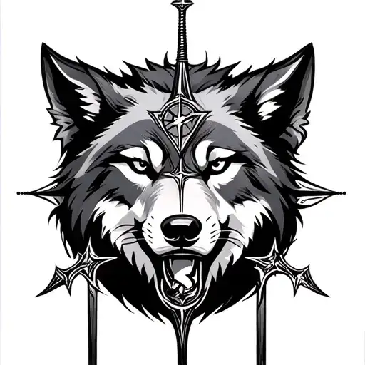 geo matric wolf head with sword and geo compass design tattoo design idea