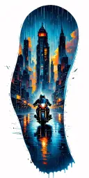 Rainy Cityscape with a Motorcycle, sunset, clouds tattoo design idea