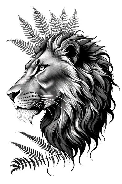 lion and fern leaf negative space themed tattoo tattoo design idea