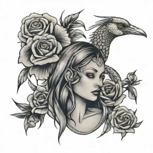 crane humain, crane chat, rose, crane femme avec serpent  tattoo design idea