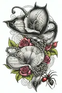 calli Lilly flower, rose ,  black widow spider, rosary , music notes  tattoo design idea