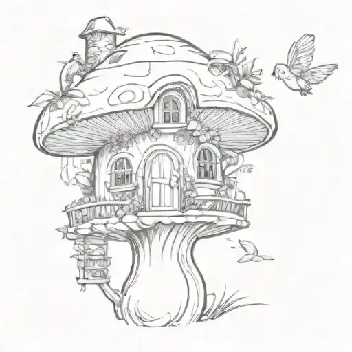 a mushroom house with a fairy flying tattoo design idea