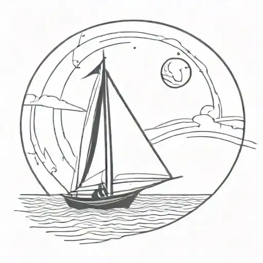 A masculine sailboat tattoo with a moon in background with bold lines tattoo design idea