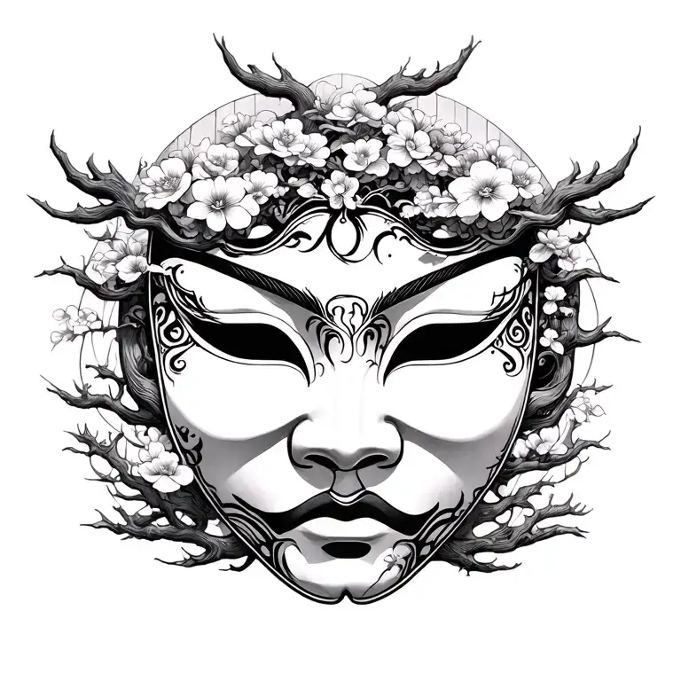 Japanese masks large tree background black tattoo design idea