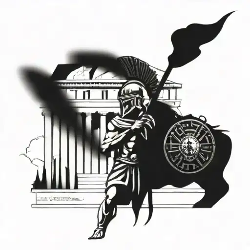 Greek coliseum with spartan in front and cool Greek artwork around tattoo design idea