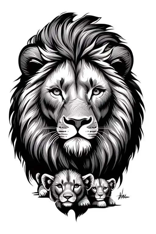 lion head with 3 cub heads looking tattoo design idea