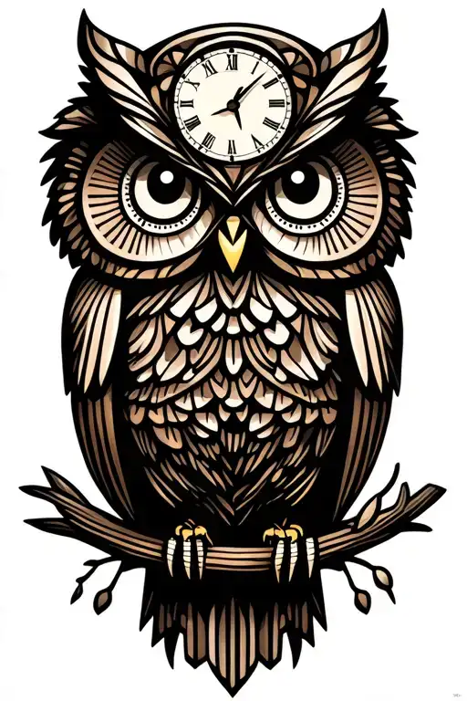 simple owl perched on a tree branch with a clock tattoo design idea