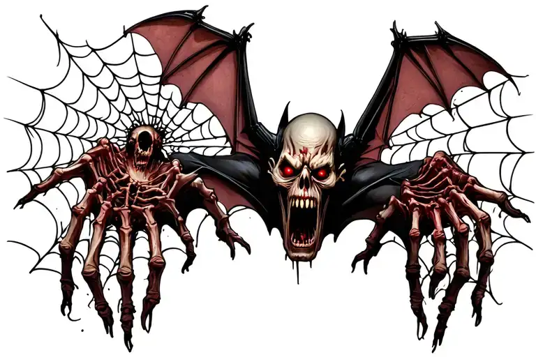  detailed bats, grave yard gates opening, graves, bones, zombie hands coming out of the ground, spider webs as a tattoo tattoo design idea