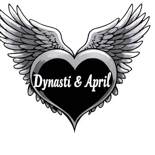 "Dynasti & April" "Dynasti & April" names inside a heart with wings flying tattoo design idea