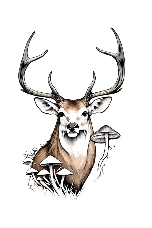 dead deer with broken neck and mushrooms growing out of its neck and body tattoo design idea
