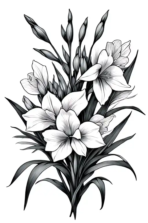 gladiolus and narcissus flower bouquet fine line tattoo design idea