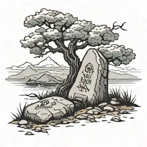 a grave under a tree with a boulder on top of it tattoo design idea