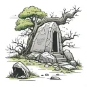 a grave under a tree with a boulder on top of it tattoo design idea