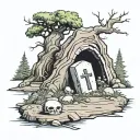 a grave under a tree with a boulder on top of it tattoo design idea