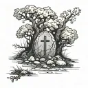 a grave under a tree with a boulder on top of it tattoo design idea