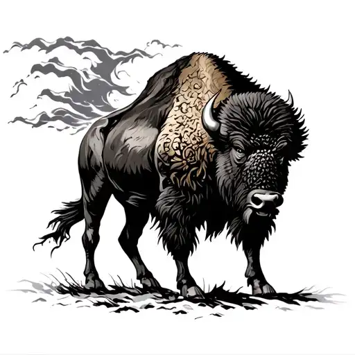 bison in storm wind blowing tattoo design idea
