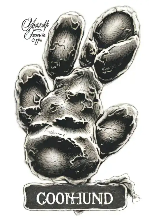 Coonhound Paw Print with the name Jinx with each letter spelled out in the pads of the paw. 10/05/16 - 08/02/24 tattoo design idea