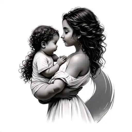 A mother by back with two children in her arms (a baby and a little girl with curly hair) tattoo design idea