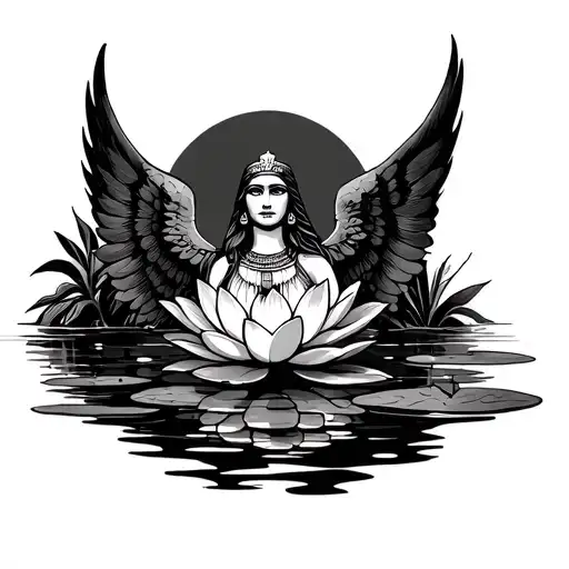 goddess isis with full set of wings emerging from torso out behind a water lily flower and lily pad  tattoo design idea