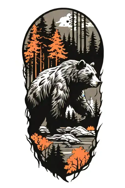 forest with bear walking tattoo design idea
