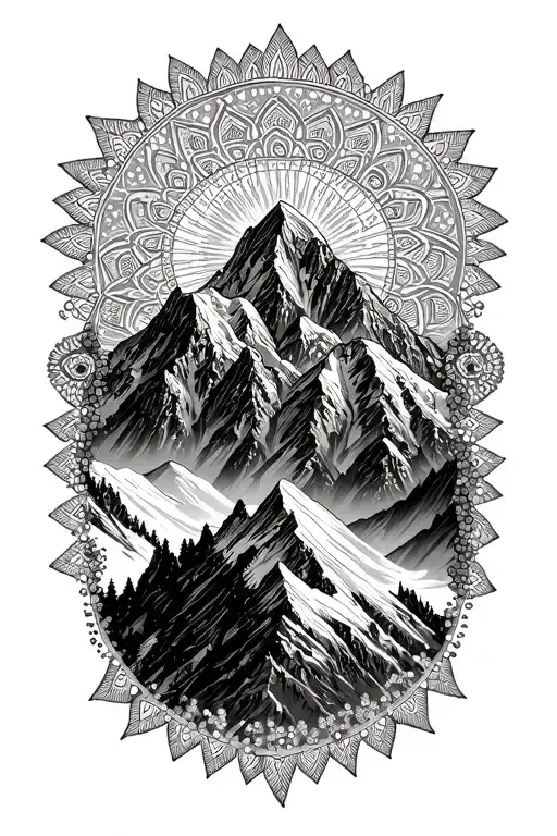 turning 40, 10 years sober, nepal to hike/climb mera peak 3 best friends mountains, mandala geomatry patterns. tattoo design idea