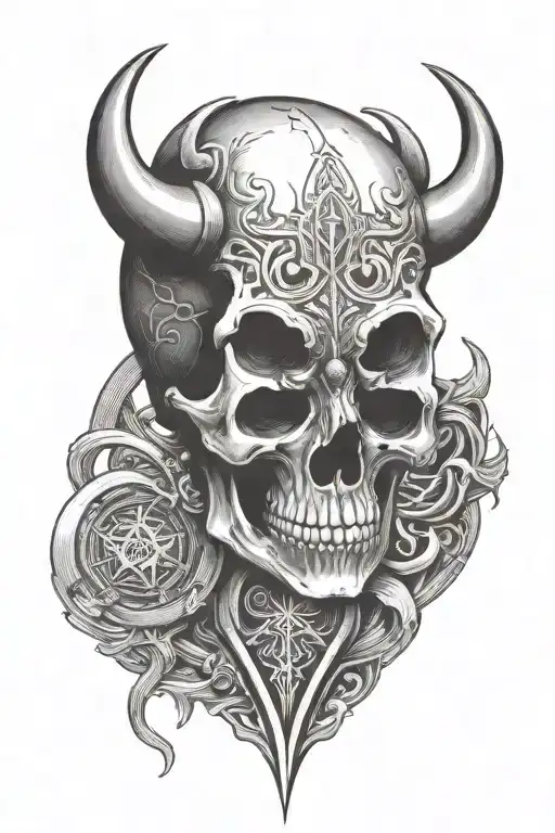 rune carved skull with horns tattoo design idea