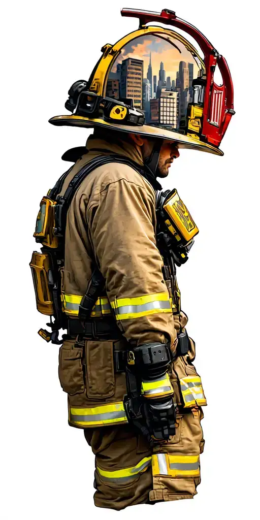 firefighter from the back, buildings and city logo combined tattoo design idea