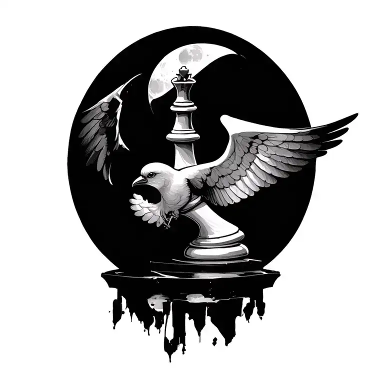 moon bird flying chess pieces wings wrapped around Rachel Tabio  tattoo design idea