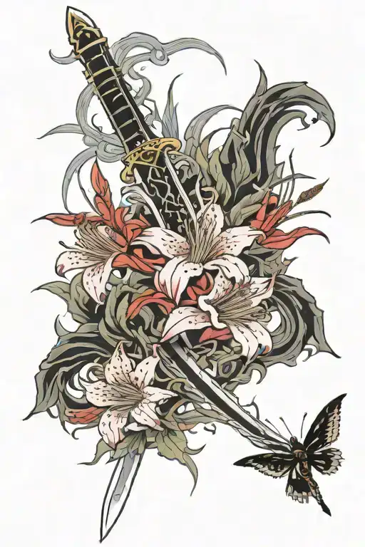 long sword surrounded with spider red lilies blooming tattoo design idea