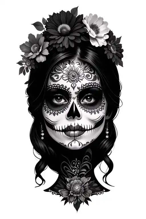 woman with dia de los muertos makeup. Flowers on her head. Mysterious but seducing look. Smiles faintly tattoo design idea