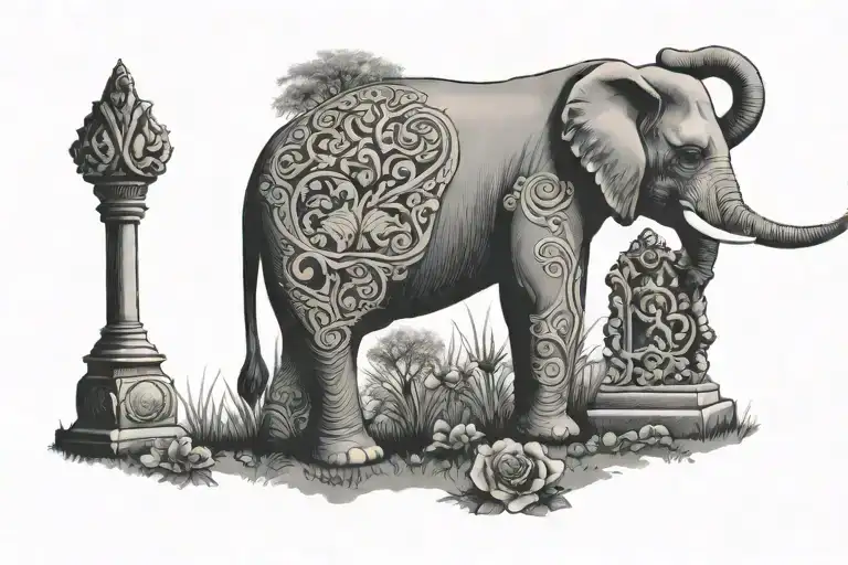 Elephant behind grave stone tattoo design idea