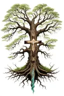 Yggdrasil tree with a Christian cross being grown around in the trunk tattoo design idea