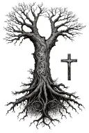 Yggdrasil tree with a Christian cross being grown around in the trunk tattoo design idea