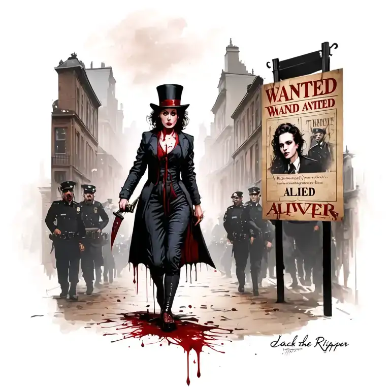 "Jack the ripper wanted alive" bloody woman jack the ripper small knife walking past wanted poster with police tattoo design idea